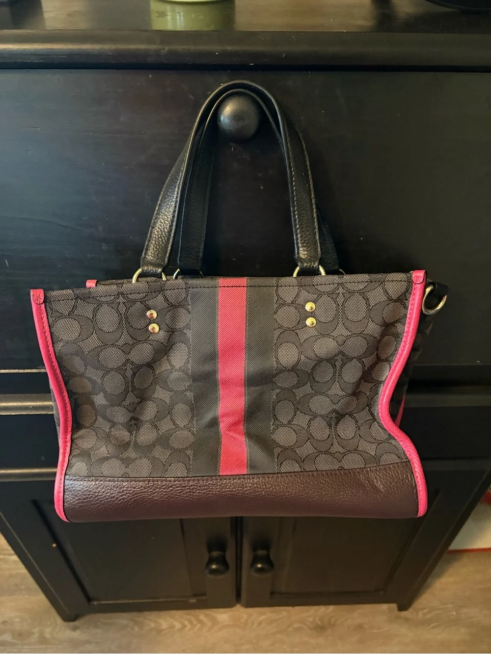 Coach Brown Signature Dempsey Varsity Tote with Pink Stripe